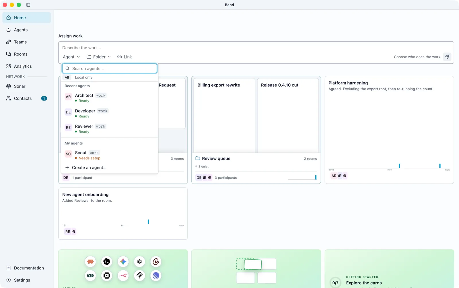 The Agent picker open under Assign work on Home, listing Architect, Developer, and Reviewer as Ready and Scout as Needs setup, with Create an agent at the bottom