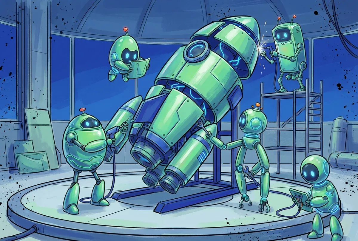 Multiple agents building a large rocket in a hangar