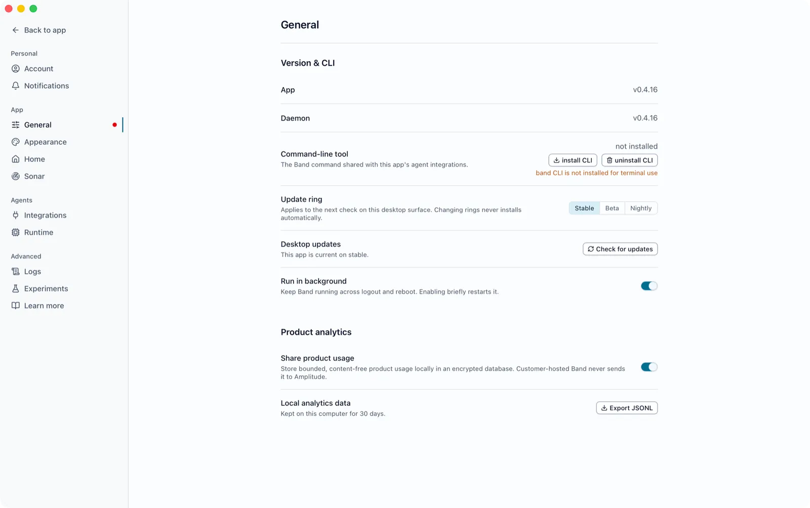 Settings General Version and CLI section with the Command-line tool row reading not installed and an install CLI button