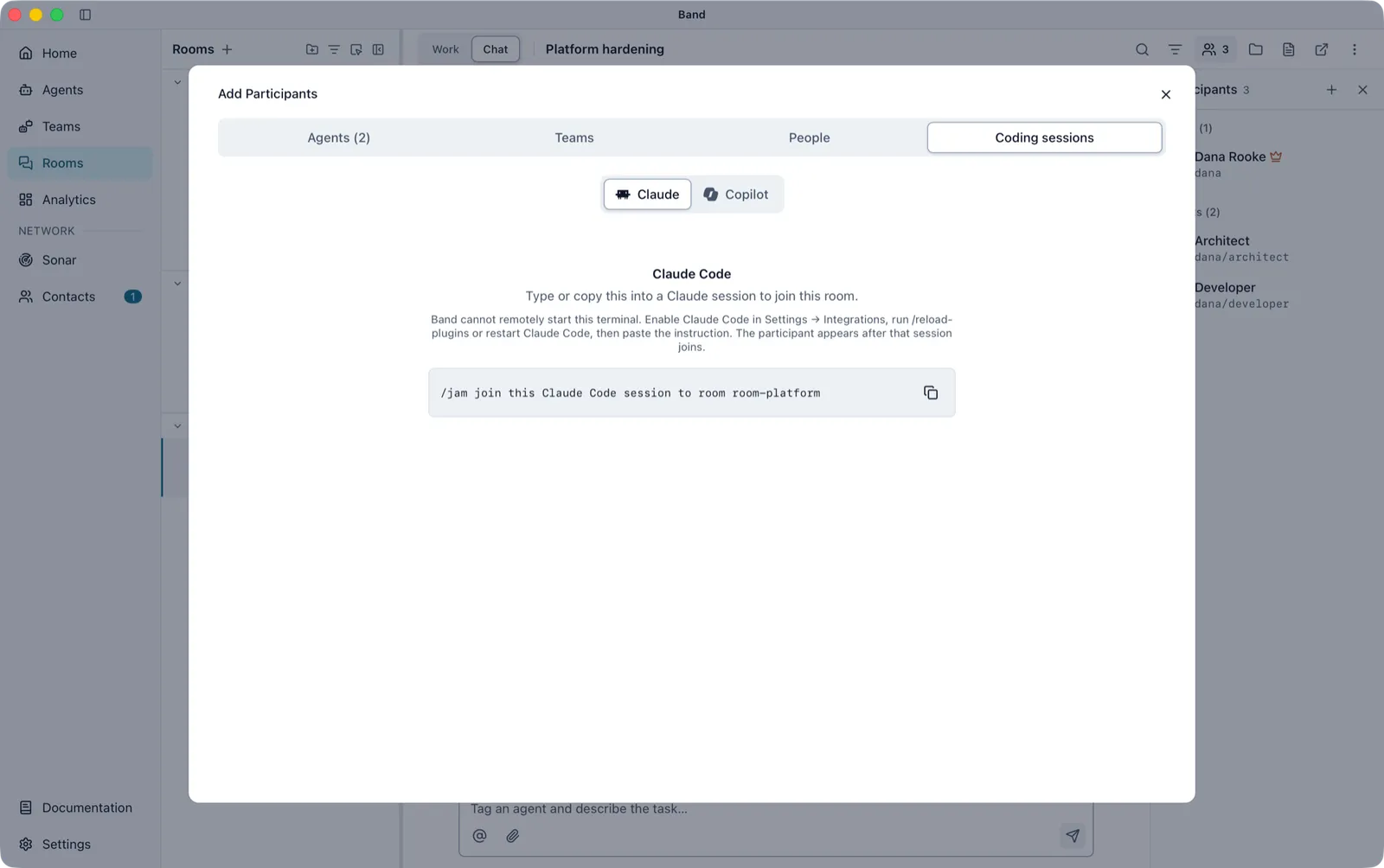 Add Participants on the Coding sessions tab with Claude selected, showing the /jam join instruction for the room and a copy button