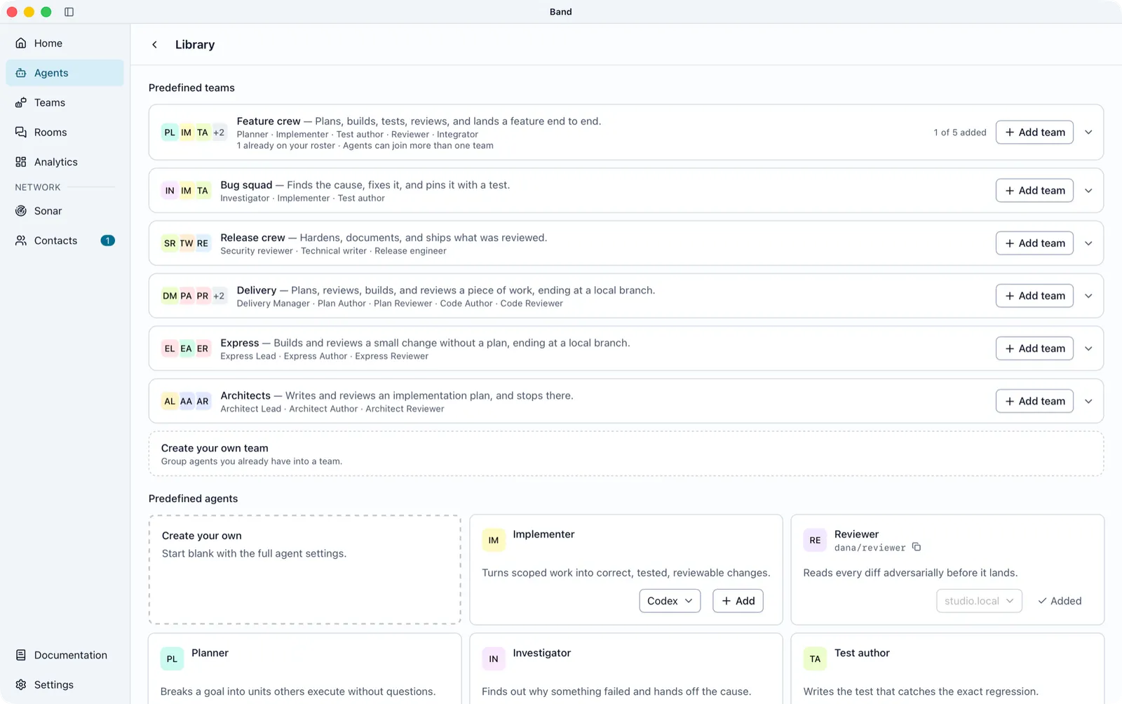 Band Desktop Library with six predefined teams, each with an Add team button, and predefined agents below, each with a Codex runtime picker and an Add button