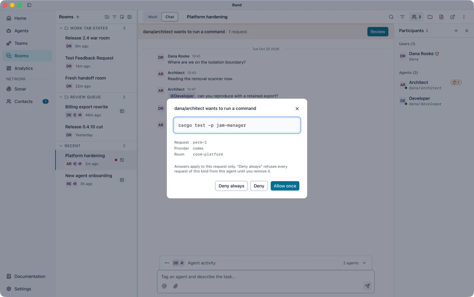 Permission dialog for dana/architect's cargo test command, with Deny always, Deny, and Allow once, and a line saying Deny always refuses every request of this kind from this agent