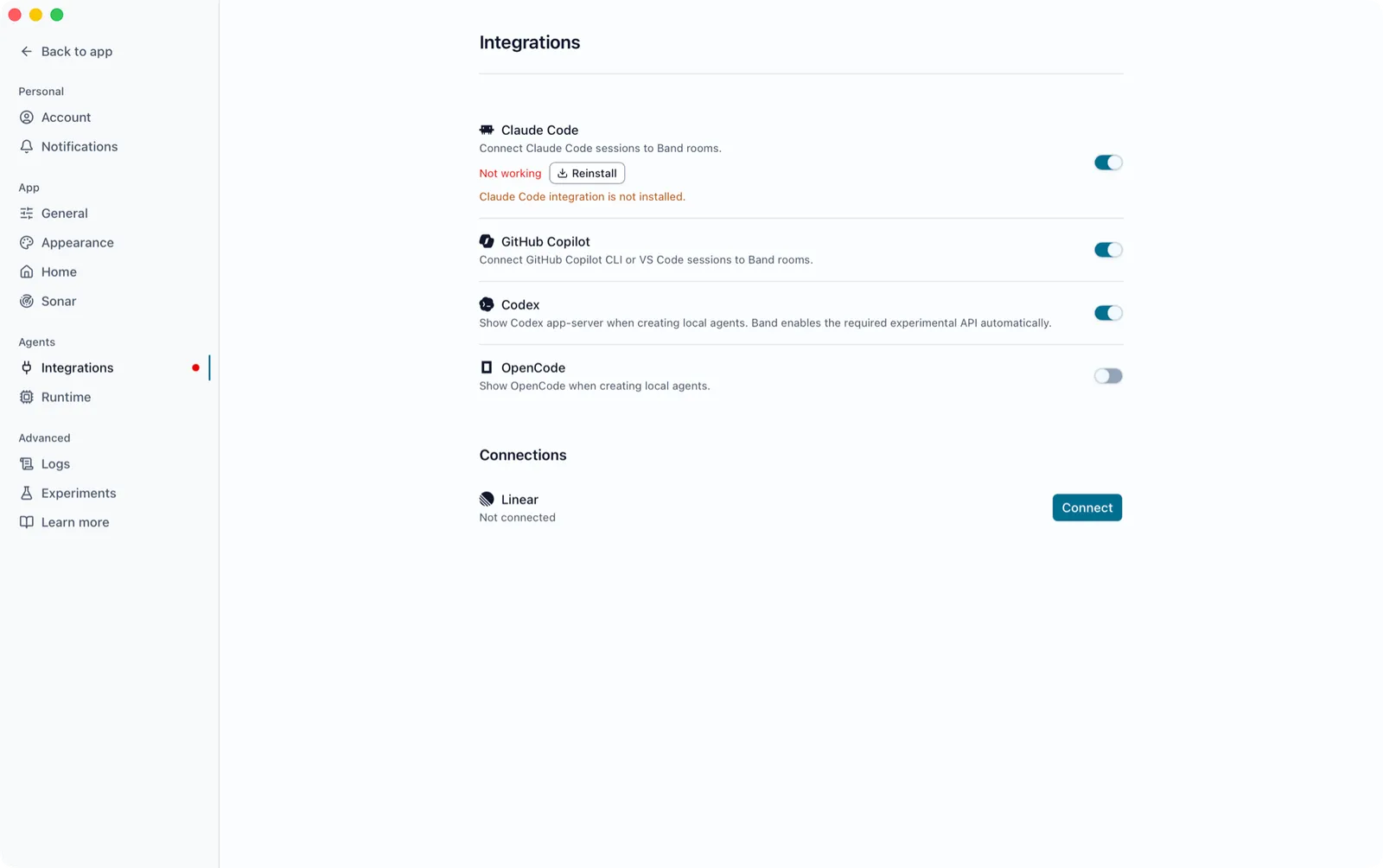 Settings Integrations with the Claude Code row showing Not working and a Reinstall button