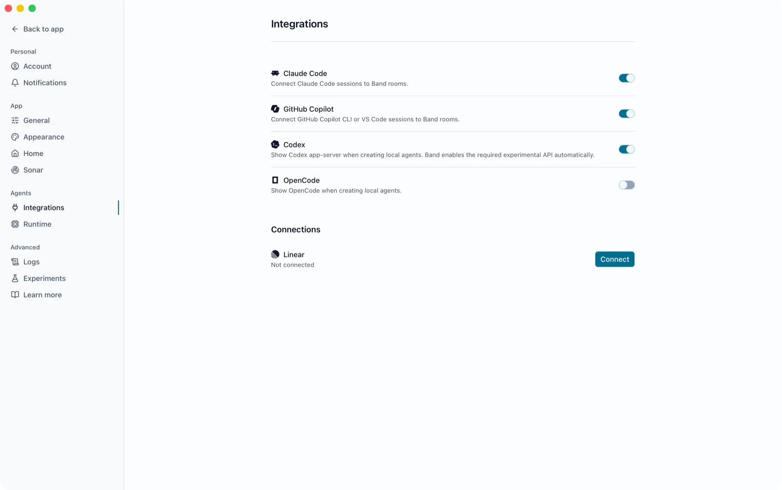 Settings Integrations tab with the Claude Code, GitHub Copilot, and Codex rows switched on and no warning under them, OpenCode switched off, and the Linear row under Connections with a Connect button