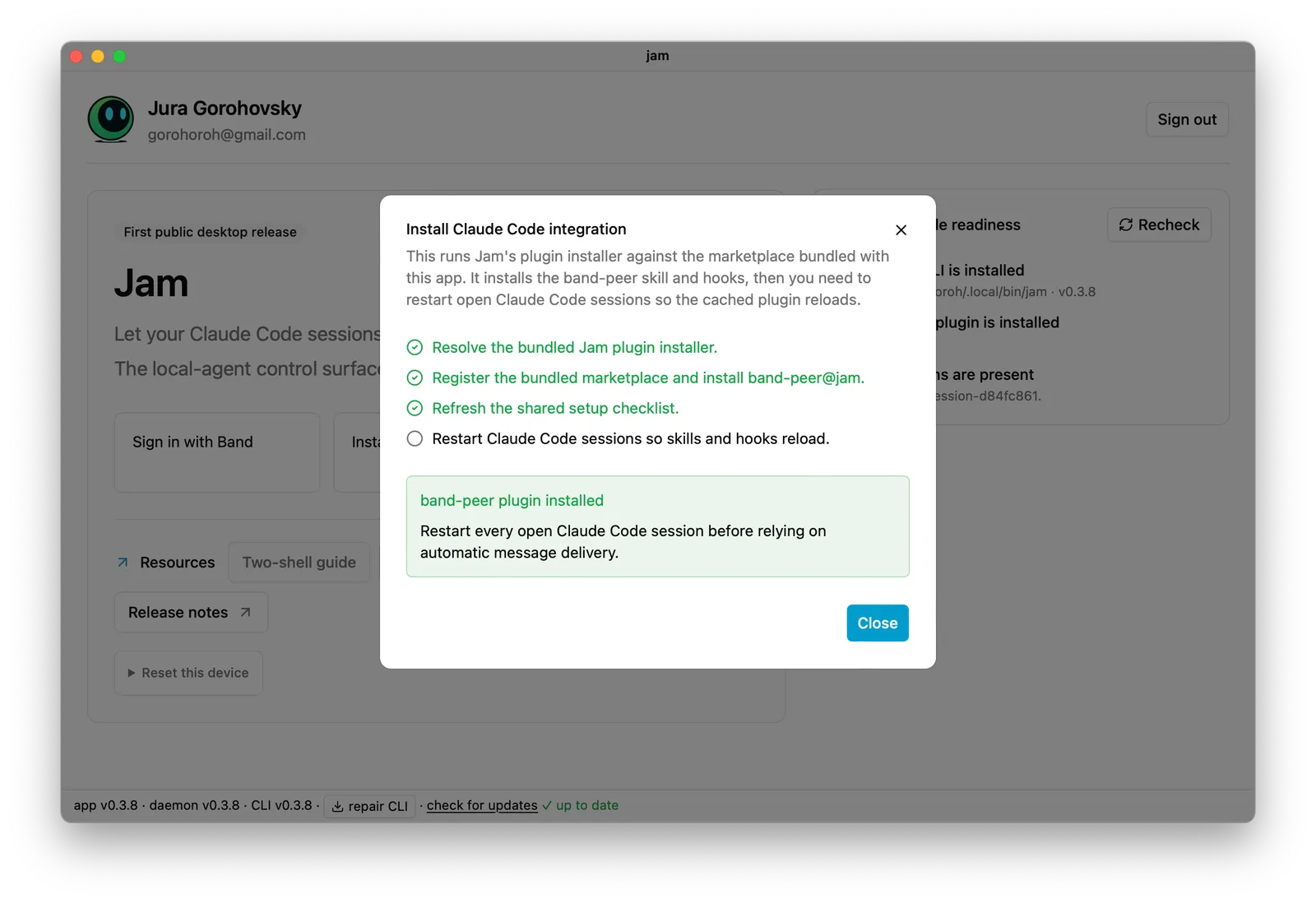 Pre-rename Jam interface asking the user to restart Claude Code sessions after plugin installation