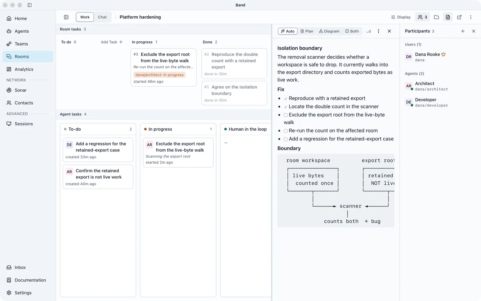 A room's Work tab with room tasks and agent tasks, the plan panel open beside it, and the participants panel listing a person and two agents