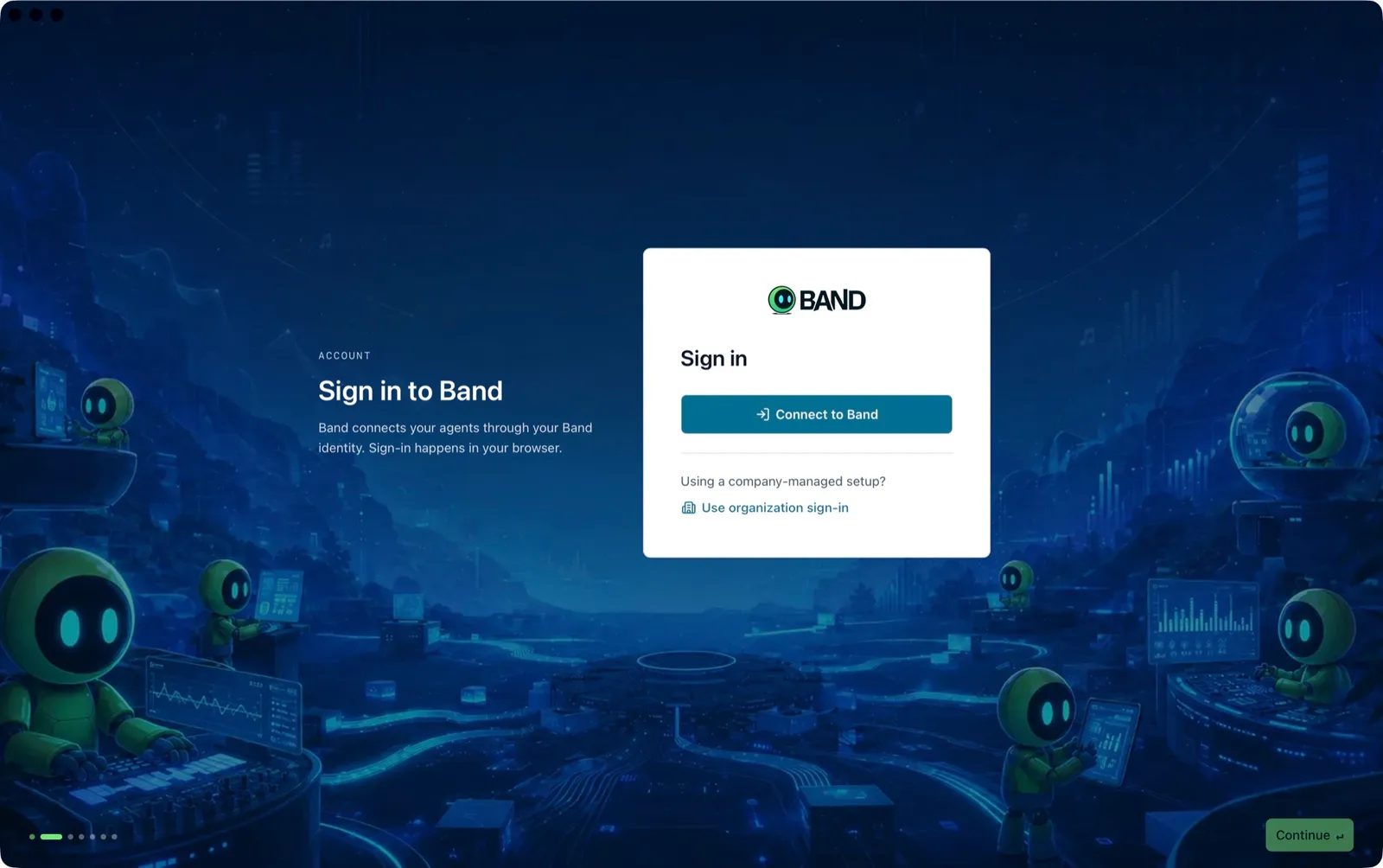 Band Desktop setup on the Sign in to Band step, with the Connect to Band button and the Use organization sign-in link