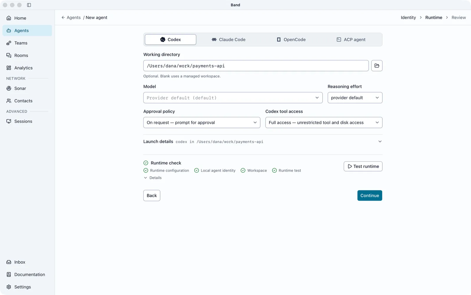 New agent Runtime step with Codex selected, a project folder in Working directory, and a passed Runtime check