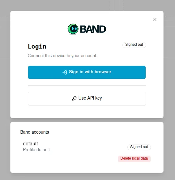 Band Desktop login dialog with Sign in with browser and Use API key options